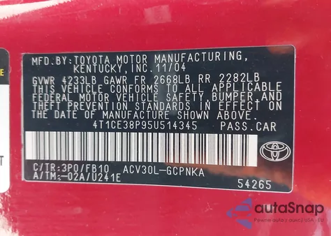 2005 Toyota Camry Solara Se z USA, uszkodzony, nr VIN 4T1CE38P95U514345